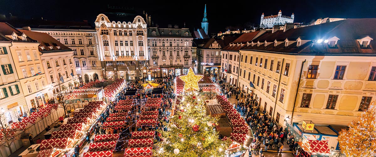 An aerial view over Bratislava’s Christmas market